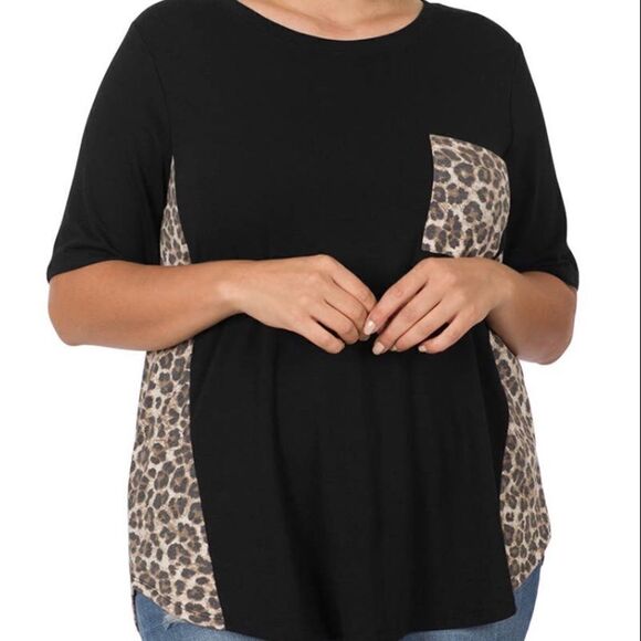 Plus size T-shirt with leopard‎ pocket trim - Picture 1 of 2